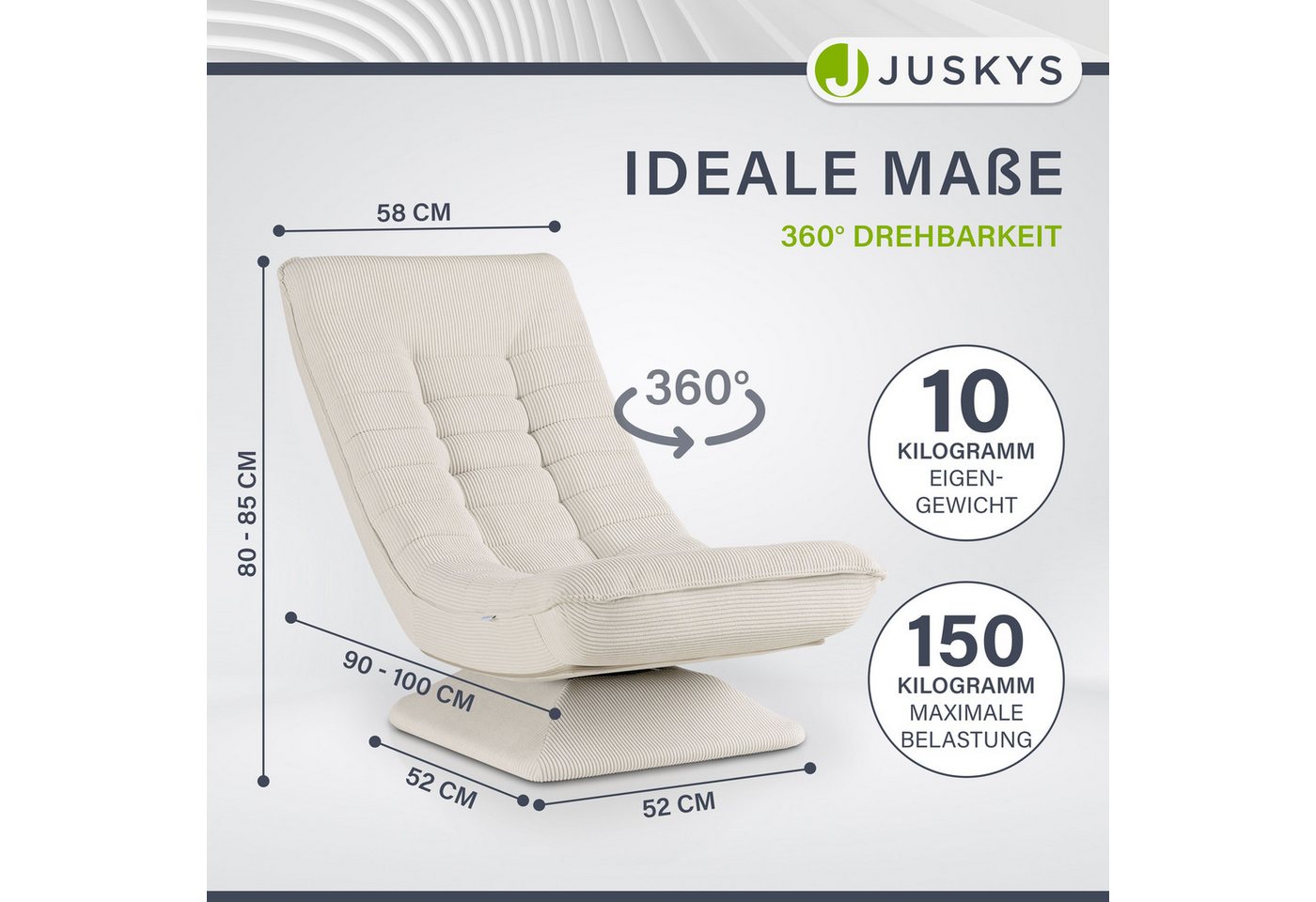 Juskys Relaxsessel Korsika, 360°-drehbar & klappbar, Cord-Bezug, ergonomisch – Bild 3 von 5