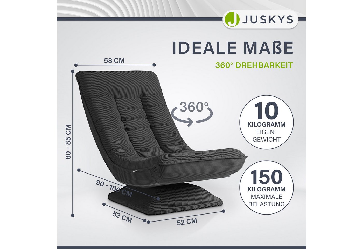 Juskys Relaxsessel Korsika, 360°-drehbar & klappbar, Cord-Bezug, ergonomisch – Bild 3 von 5