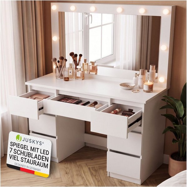 Juskys Schminktisch Lilia (1-St), LED-Beleuchtung, 3 Helligkeitsstufen, modern, 7 Schubladen, Stauraum