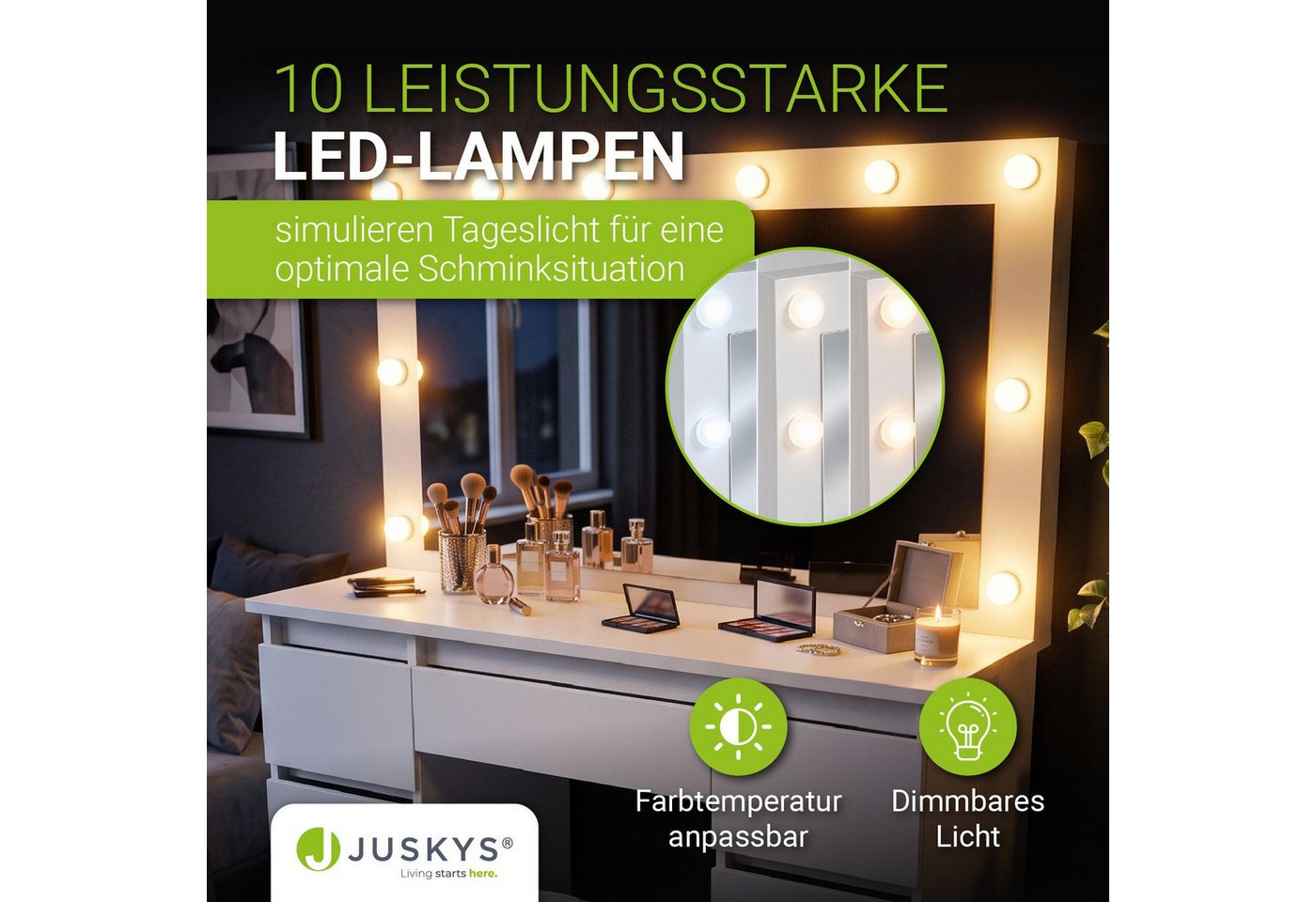 Juskys Schminktisch Lilia (1-St), LED-Beleuchtung, 3 Helligkeitsstufen, modern, 7 Schubladen, Stauraum – Bild 4 von 5