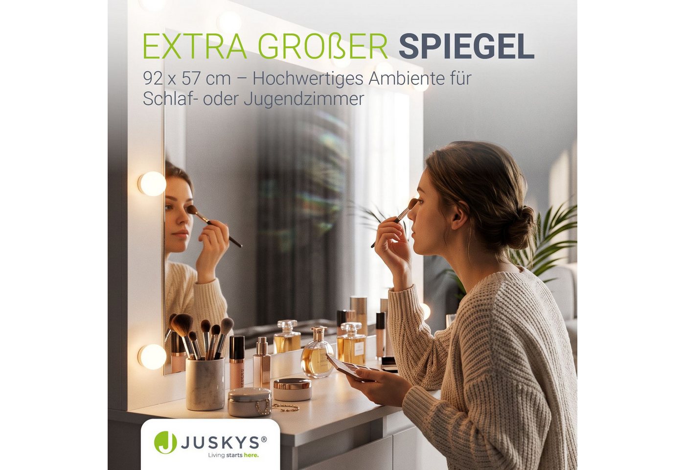 Juskys Schminktisch Lilia (1-St), LED-Beleuchtung, 3 Helligkeitsstufen, modern, 7 Schubladen, Stauraum – Bild 5 von 5