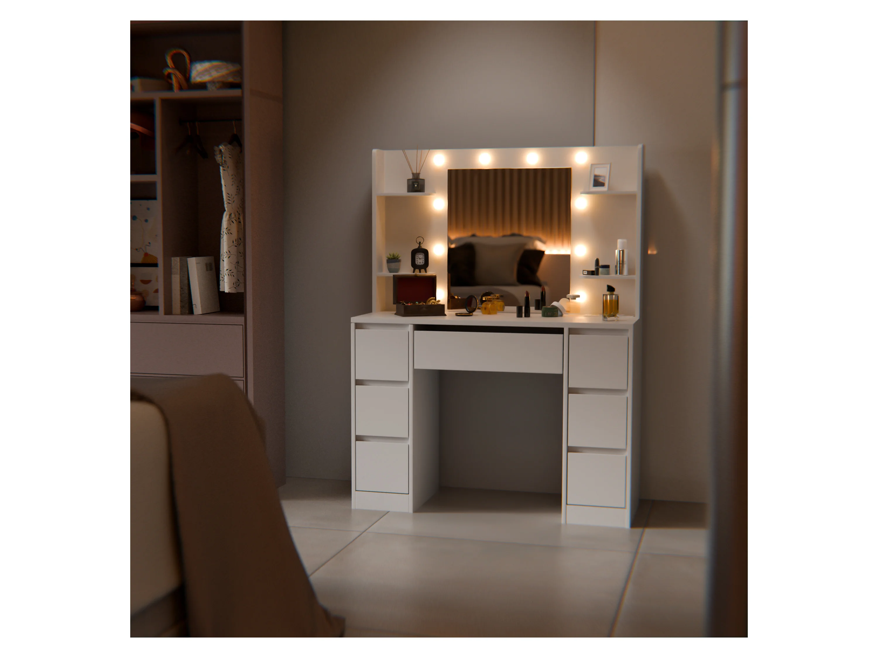 Juskys Schminktisch Malia, LED-Beleuchtung, 3 Helligkeitsstufen, modern, 7 Schubladen, Stauraum – Bild 2 von 4