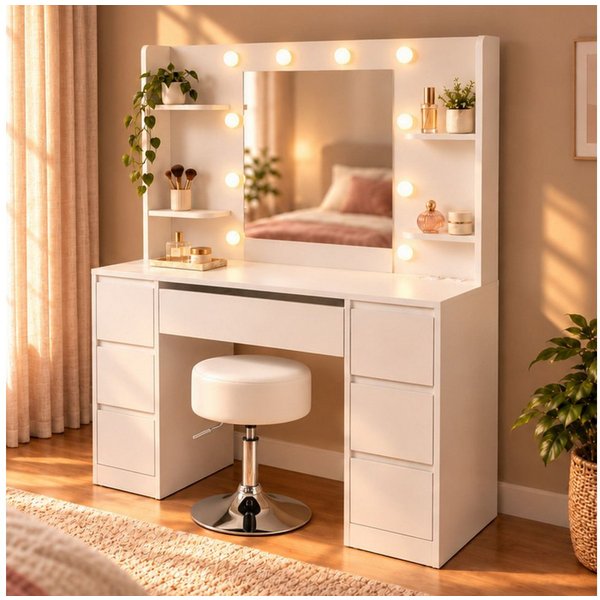 Juskys Schminktisch Malia, LED-Beleuchtung, 3 Helligkeitsstufen, modern, 7 Schubladen, Stauraum