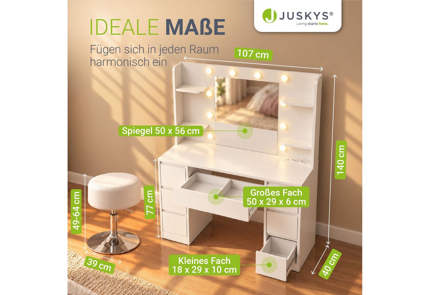 Juskys Schminktisch Malia, LED-Beleuchtung, 3 Helligkeitsstufen, modern, 7 Schubladen, Stauraum – Bild 2 von 5