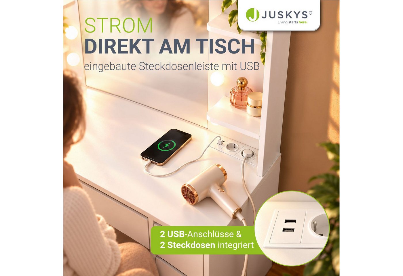 Juskys Schminktisch Malia, LED-Beleuchtung, 3 Helligkeitsstufen, modern, 7 Schubladen, Stauraum – Bild 3 von 5