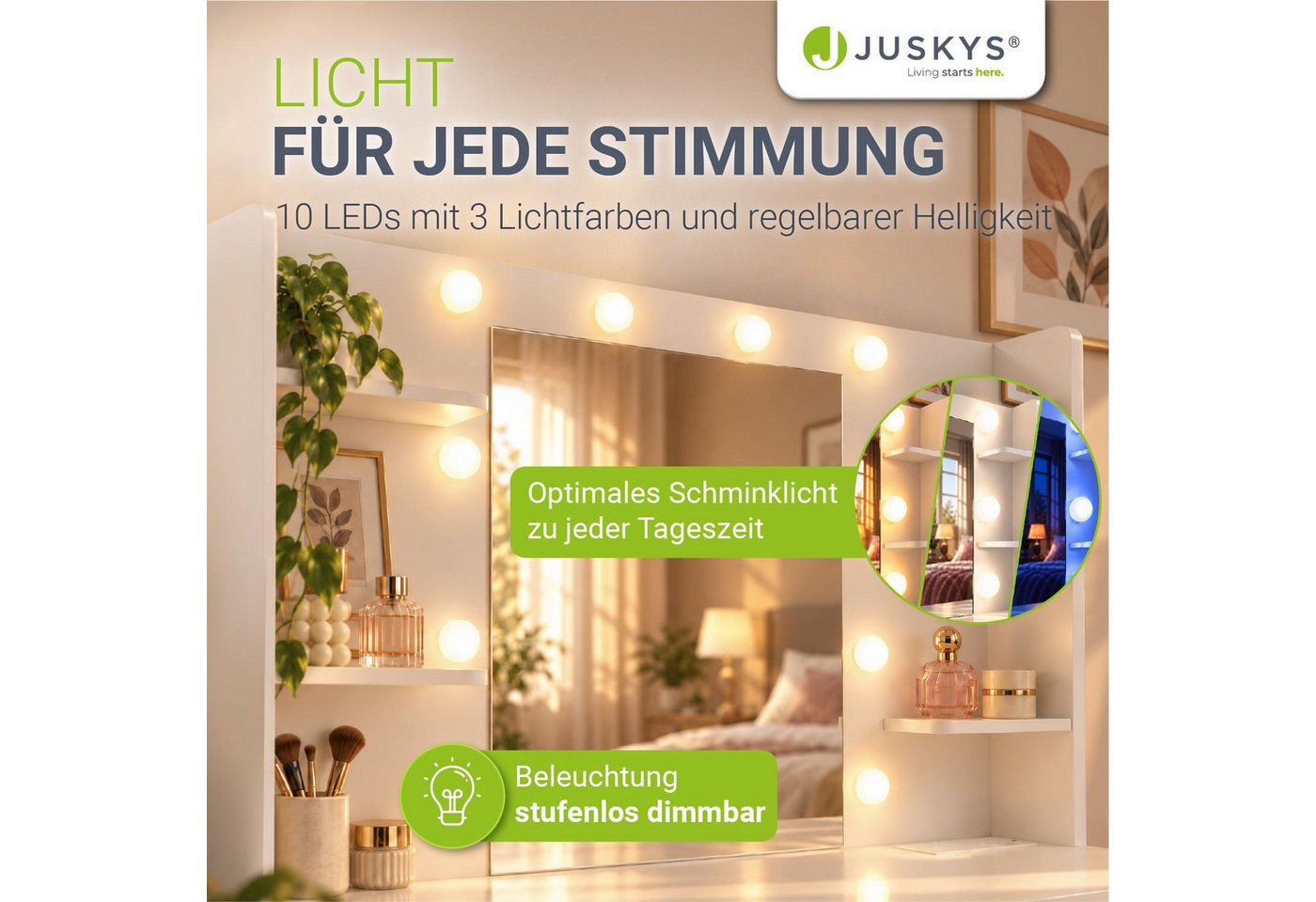 Juskys Schminktisch Malia, LED-Beleuchtung, 3 Helligkeitsstufen, modern, 7 Schubladen, Stauraum – Bild 5 von 5