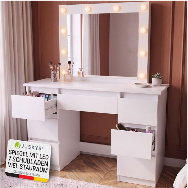 Juskys Schminktisch Talea (3-St), LED-Beleuchtung, 3 Helligkeitsstufen, modern, 7 Schubladen, Stauraum