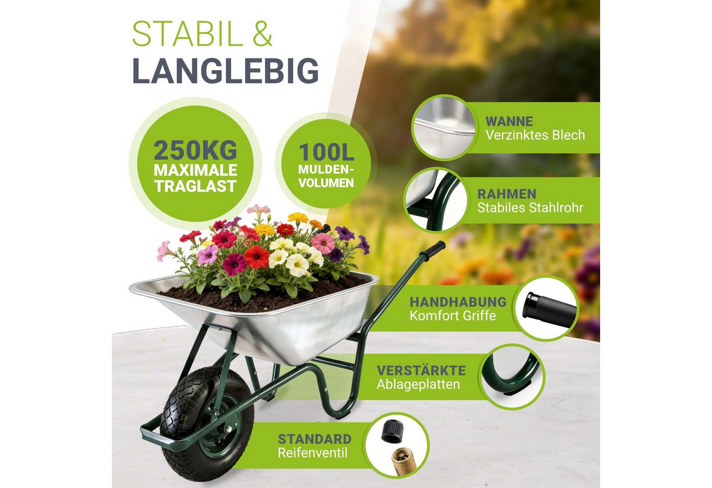 Juskys Schubkarre Garden, 100L, bis 250 kg, Luftreifen, verzinkte Wanne, inkl. Handschuhe – Bild 2 von 5