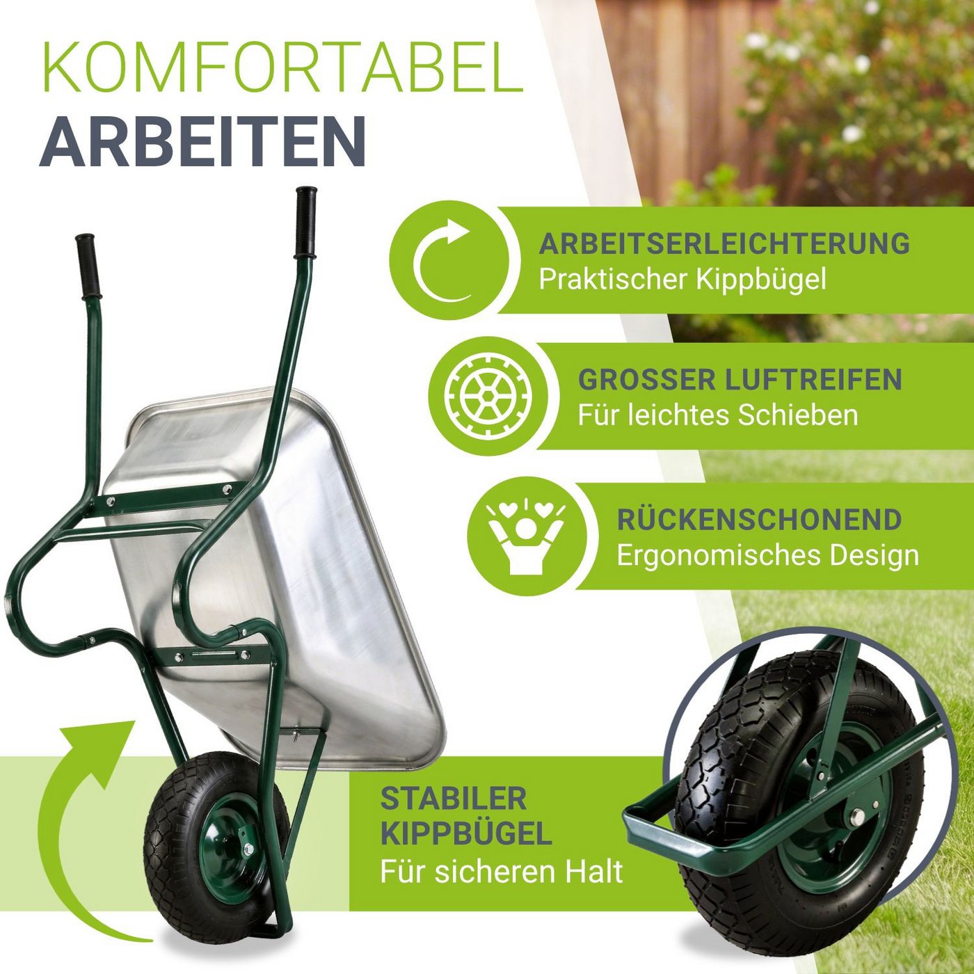 Juskys Schubkarre Garden, 100L, bis 250 kg, Luftreifen, verzinkte Wanne, inkl. Handschuhe – Bild 3 von 5