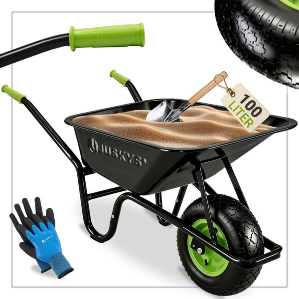 Juskys Schubkarre Garden, 100L, bis 250 kg, Luftreifen, verzinkte Wanne, inkl. Handschuhe