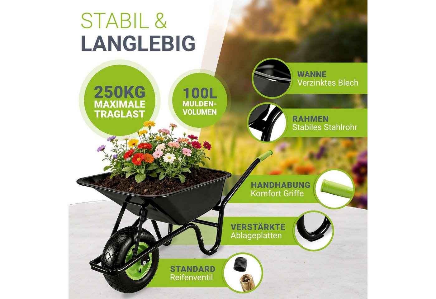 Juskys Schubkarre Garden, 100L, bis 250 kg, Luftreifen, verzinkte Wanne, inkl. Handschuhe – Bild 2 von 5