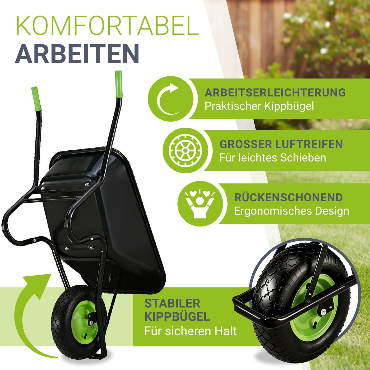 Juskys Schubkarre Garden, 100L, bis 250 kg, Luftreifen, verzinkte Wanne, inkl. Handschuhe – Bild 3 von 5