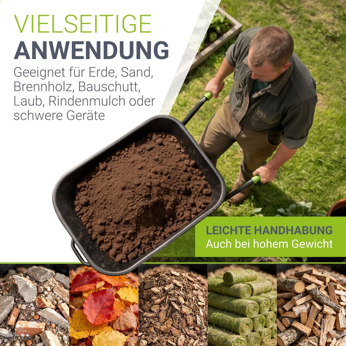 Juskys Schubkarre Garden, 100L, bis 250 kg, Luftreifen, verzinkte Wanne, inkl. Handschuhe – Bild 4 von 5