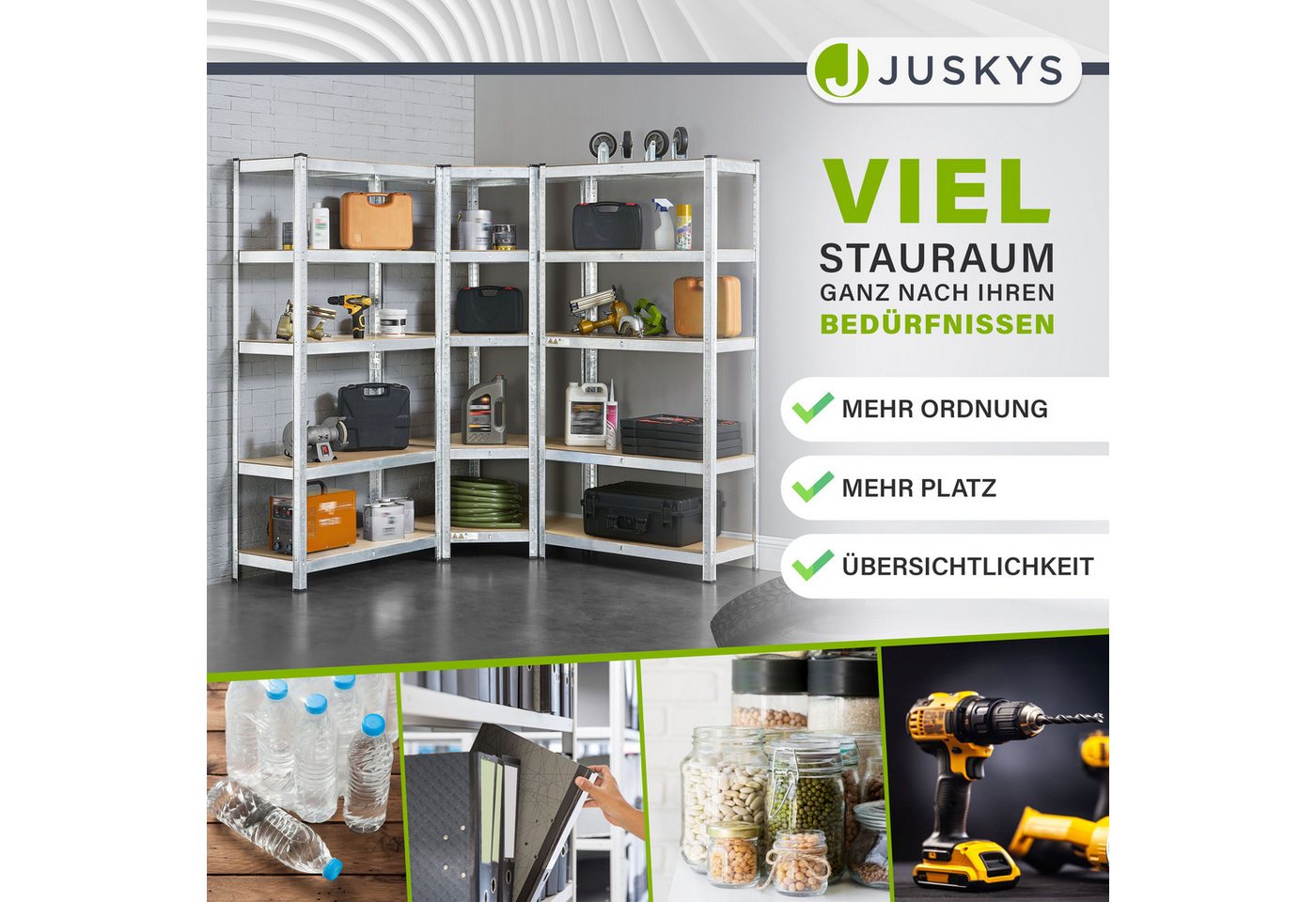 Juskys Schwerlastregal 3er Regalsystem, Kunststofffüße gegen Kratzer, flexibel aufbaubar – Bild 3 von 5