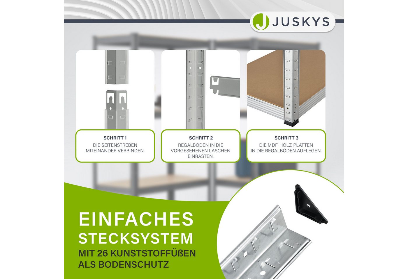 Juskys Schwerlastregal 3er Regalsystem, Kunststofffüße gegen Kratzer, flexibel aufbaubar – Bild 4 von 5