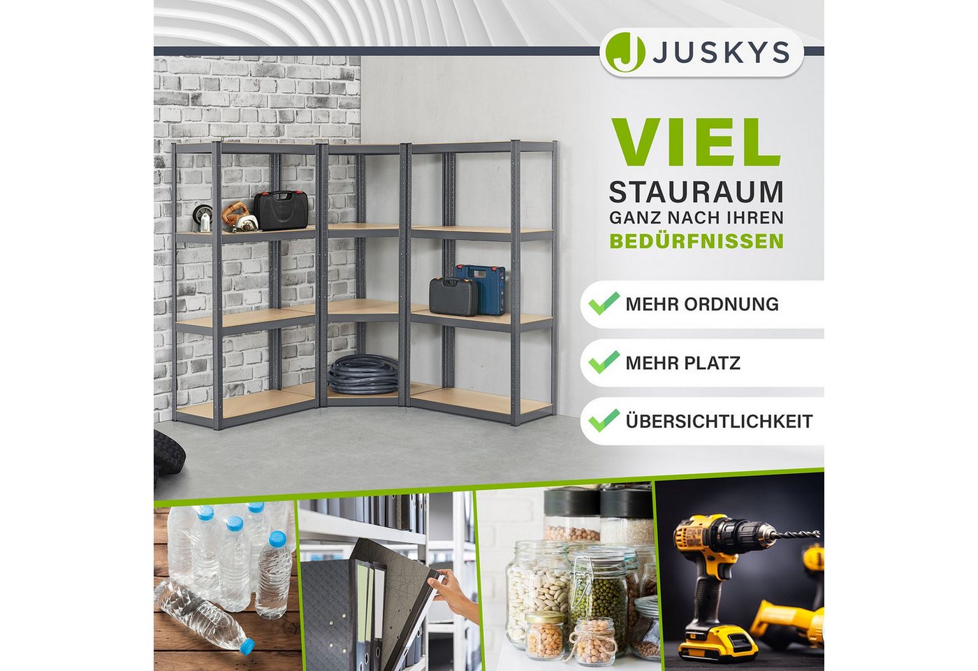 Juskys Schwerlastregal 3er Regalsystem, aus verzinktem Metall, Abstände der Böden frei wählbar – Bild 2 von 5