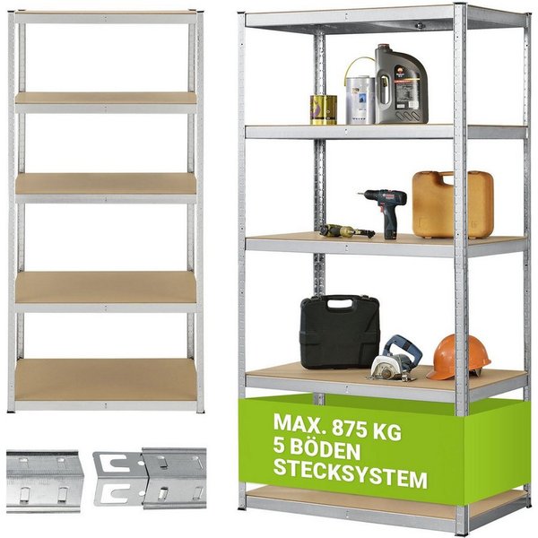 Juskys Schwerlastregal Basic, Regalsystem mit 5 Einlegeböden, je 175 kg Traglast, Abstände wählbar