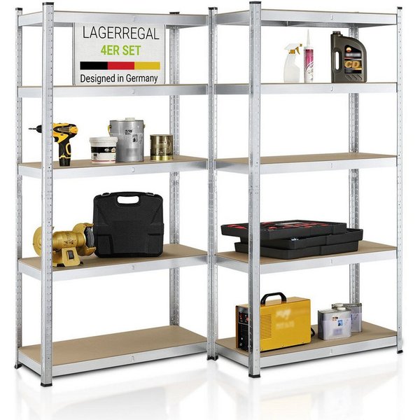 Juskys Schwerlastregal Basic, 4-tlg., Regalsystem mit 20 Einlegeböden, je 175 kg Traglast, Abstände wählbar