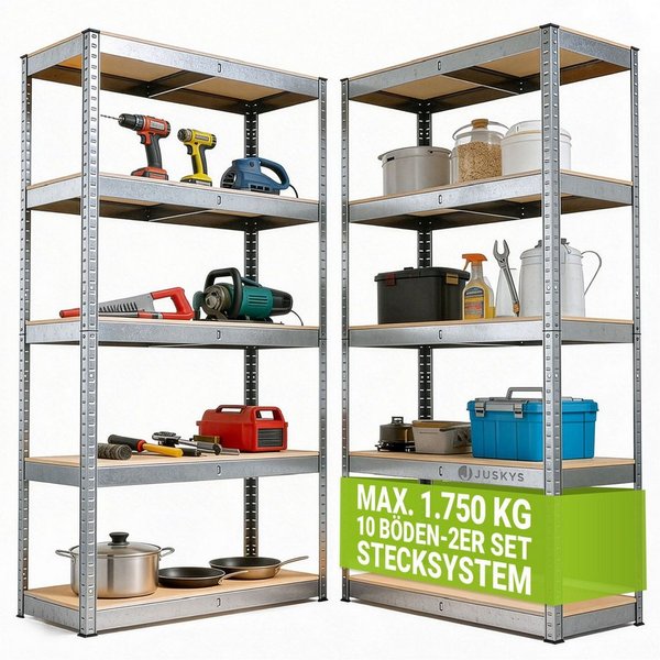 Juskys Schwerlastregal Basic, 2-tlg., Regalsystem mit 10 Einlegeböden, je 175 kg Traglast, Abstände wählbar