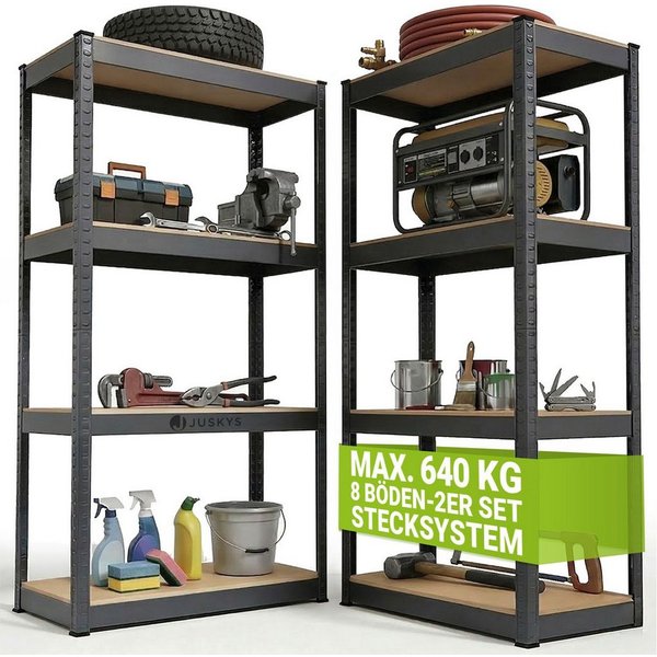 Juskys Schwerlastregal Easy, Set, 2er Set, 640 kg Traglast, 8 Böden, individueller Aufbau
