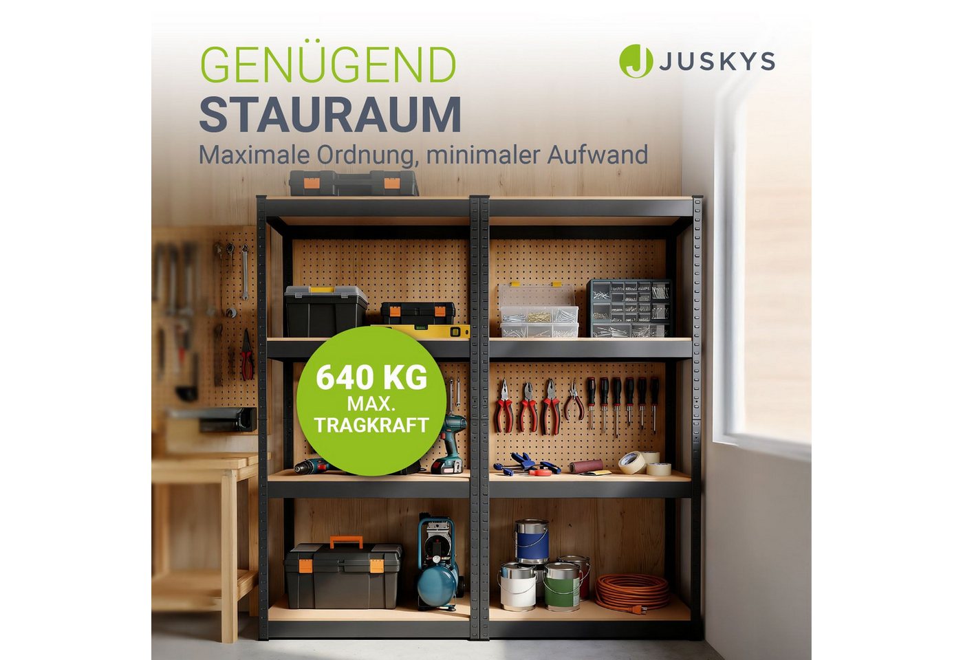 Juskys Schwerlastregal Easy, Set, 2er Set, 640 kg Traglast, 8 Böden, individueller Aufbau – Bild 4 von 5