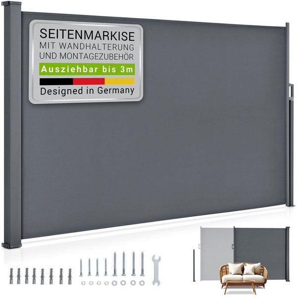Juskys Seitenmarkise Dubai Sonnen- & Sichtschutz, ausziehbar bis 3 m, wasserabweisend