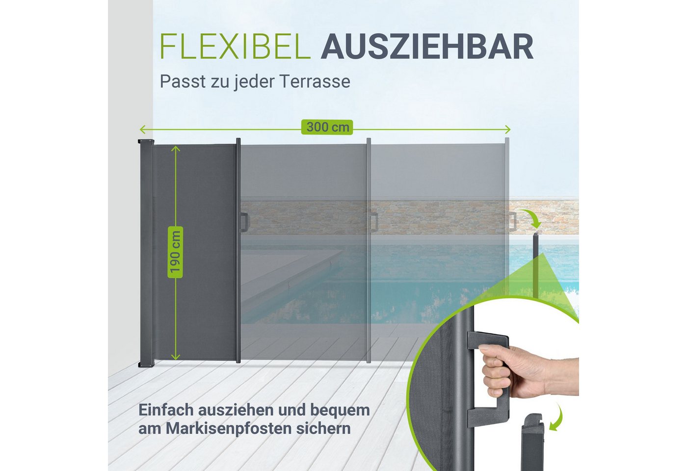 Juskys Seitenmarkise Dubai Sonnen- & Sichtschutz, ausziehbar bis 3 m, wasserabweisend – Bild 3 von 5
