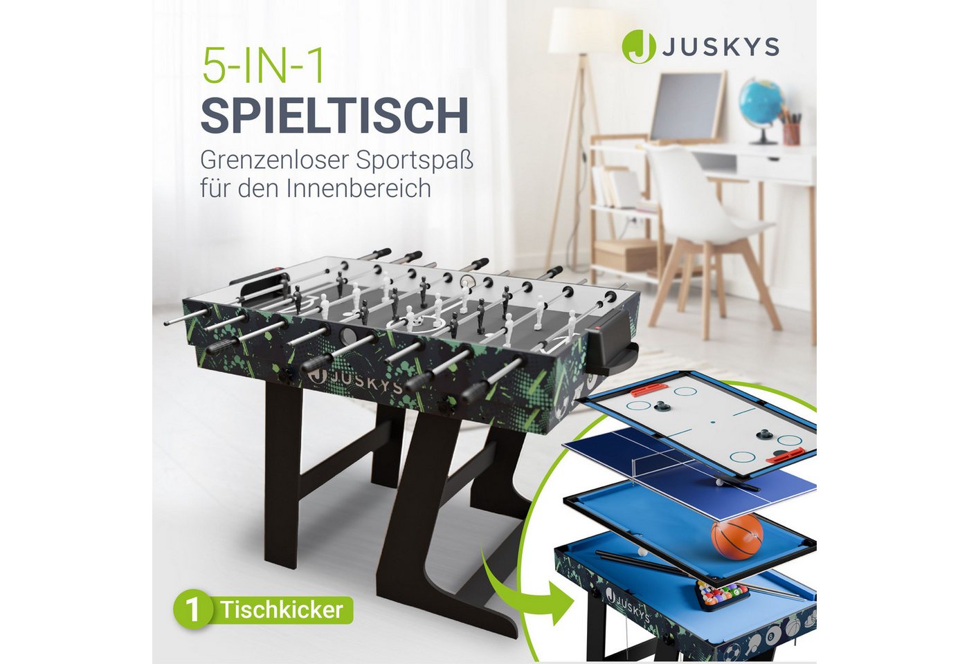 Juskys Spieltisch Ballzauber, klappbar mit Tischtennis, Kicker, Billard, Hockey & Basketball – Bild 2 von 5