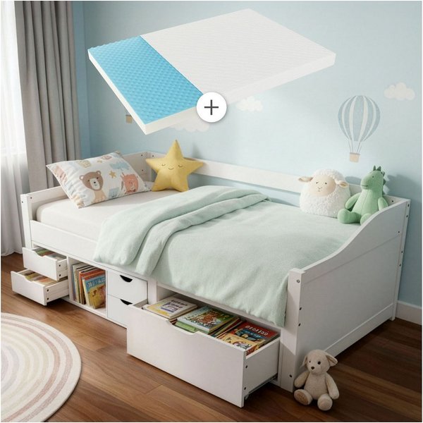 Juskys Stauraumbett Nalu, 90x200 cm Funktionsbett mit Matratze, Lattenrost & Schubladen, Holz
