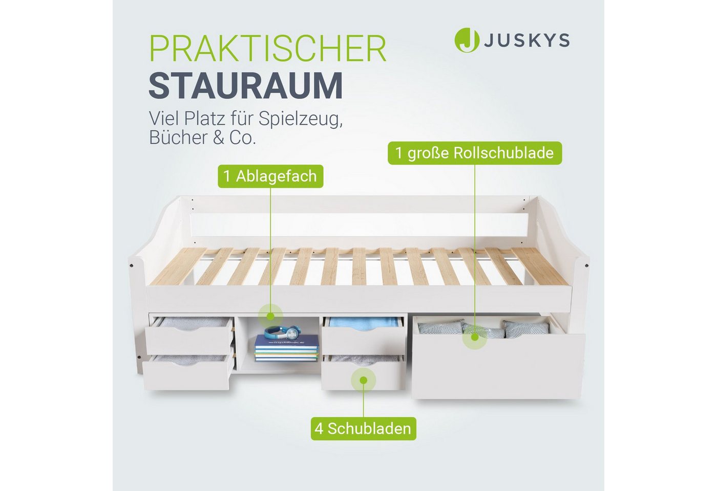Juskys Stauraumbett Nalu, 90x200 cm Funktionsbett mit Matratze, Lattenrost & Schubladen, Holz – Bild 2 von 5