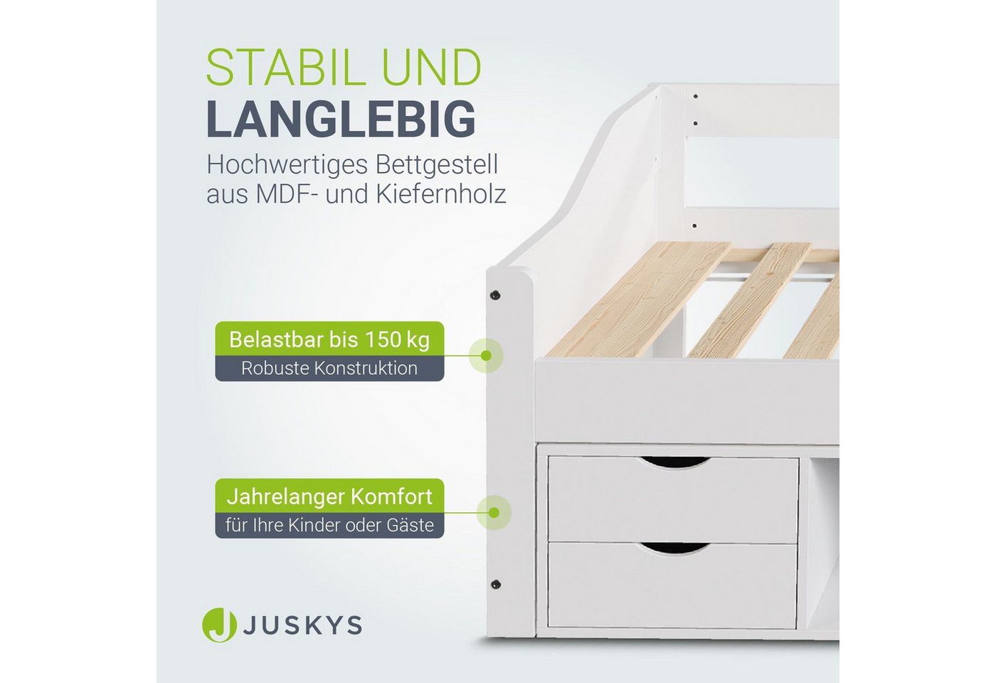 Juskys Stauraumbett Nalu, 90x200 cm Funktionsbett mit Matratze, Lattenrost & Schubladen, Holz – Bild 3 von 5