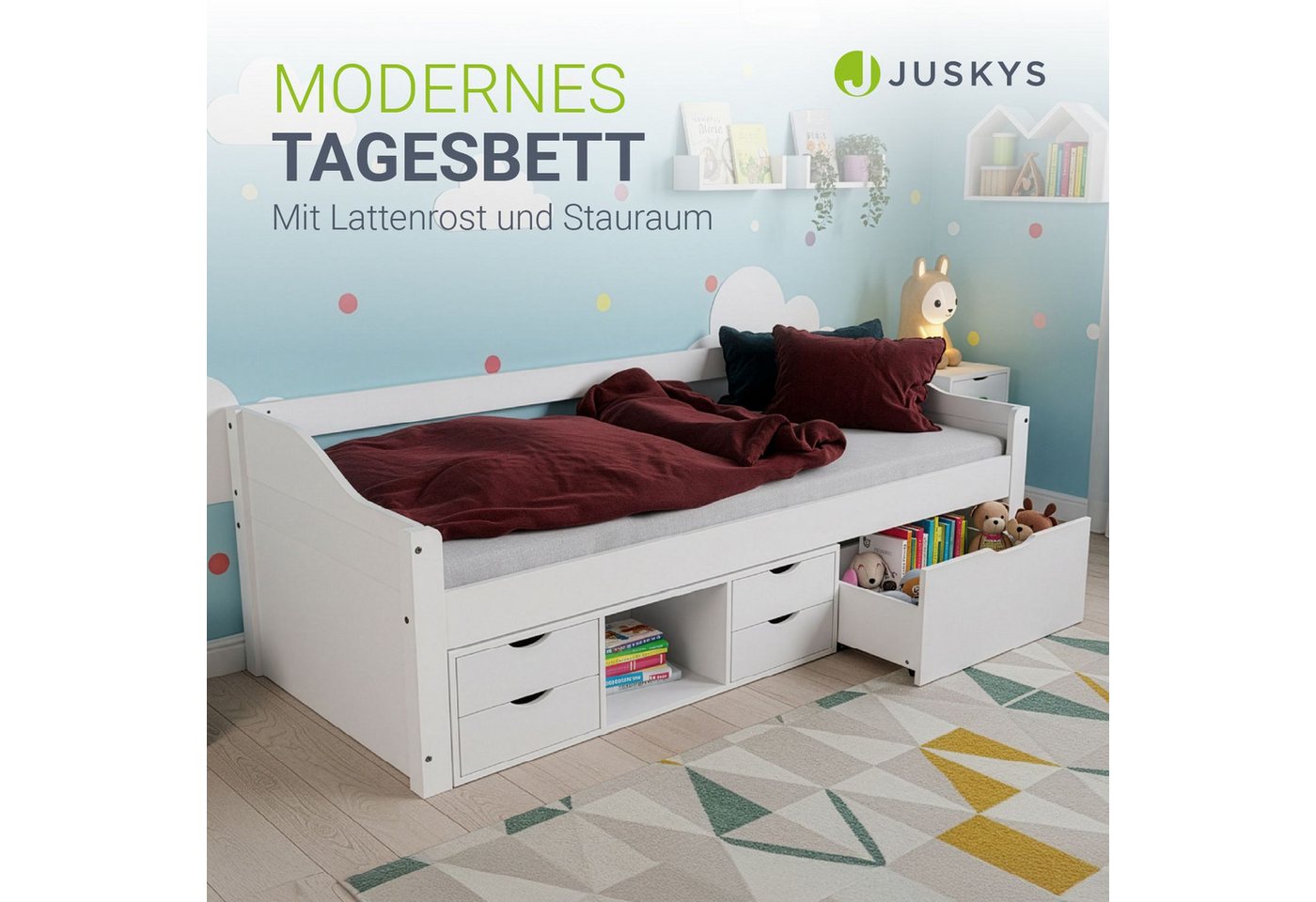 Juskys Stauraumbett Nalu, 90x200 cm Funktionsbett mit Matratze, Lattenrost & Schubladen, Holz – Bild 4 von 5