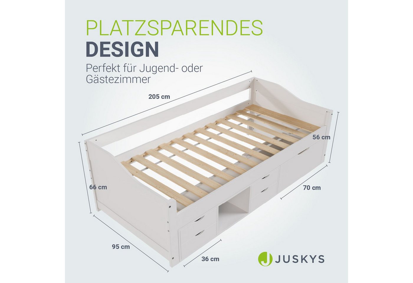 Juskys Stauraumbett Nalu, 90x200 cm Funktionsbett mit Matratze, Lattenrost & Schubladen, Holz – Bild 5 von 5