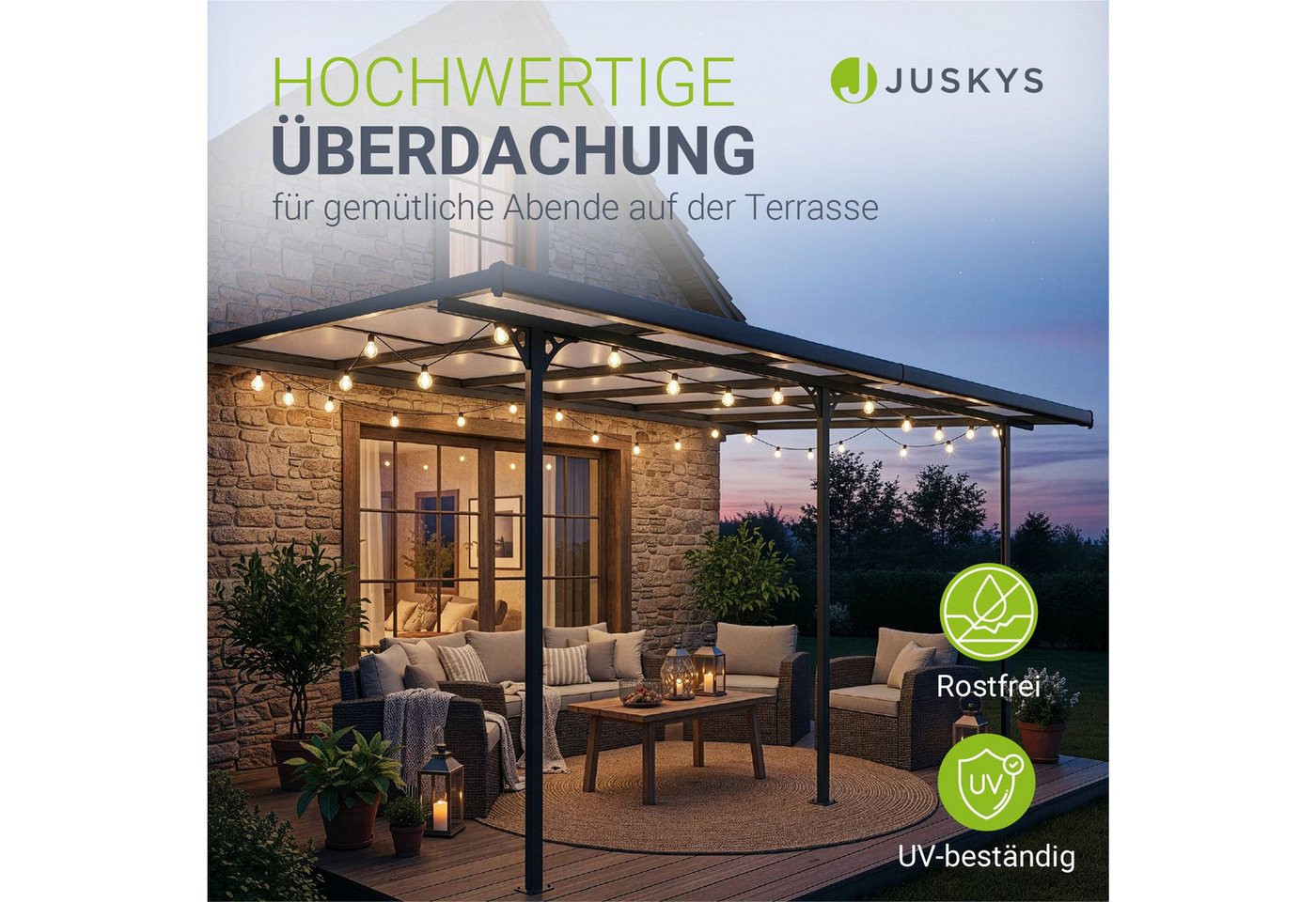 Juskys Terrassendach Borneo, BxT: 495x303 cm, 5x3 m, Regen- und Sonnenschutz, lichtdurchlässig, UV-Schutzfolie – Bild 2 von 5