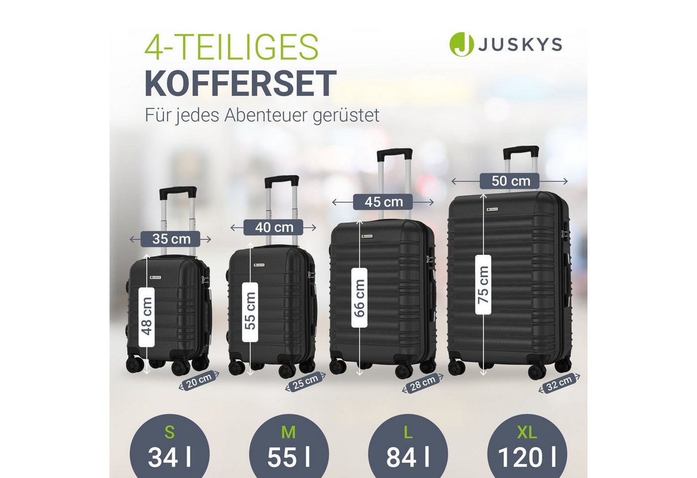 Juskys Trolleyset Rom, 4 Rollen, (4 tlg., 4-teilig), 4 Koffer, 360° Rollen, robuste Hartschale, mit Zahlenschloss – Bild 3 von 5