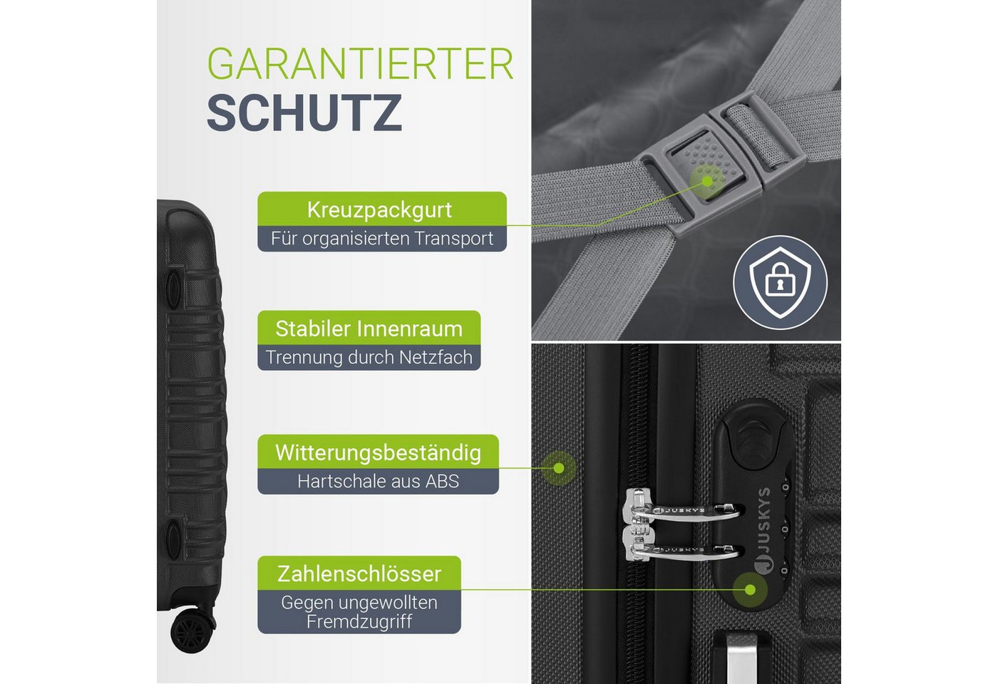 Juskys Trolleyset Rom, 4 Rollen, (4 tlg., 4-teilig), 4 Koffer, 360° Rollen, robuste Hartschale, mit Zahlenschloss – Bild 4 von 5