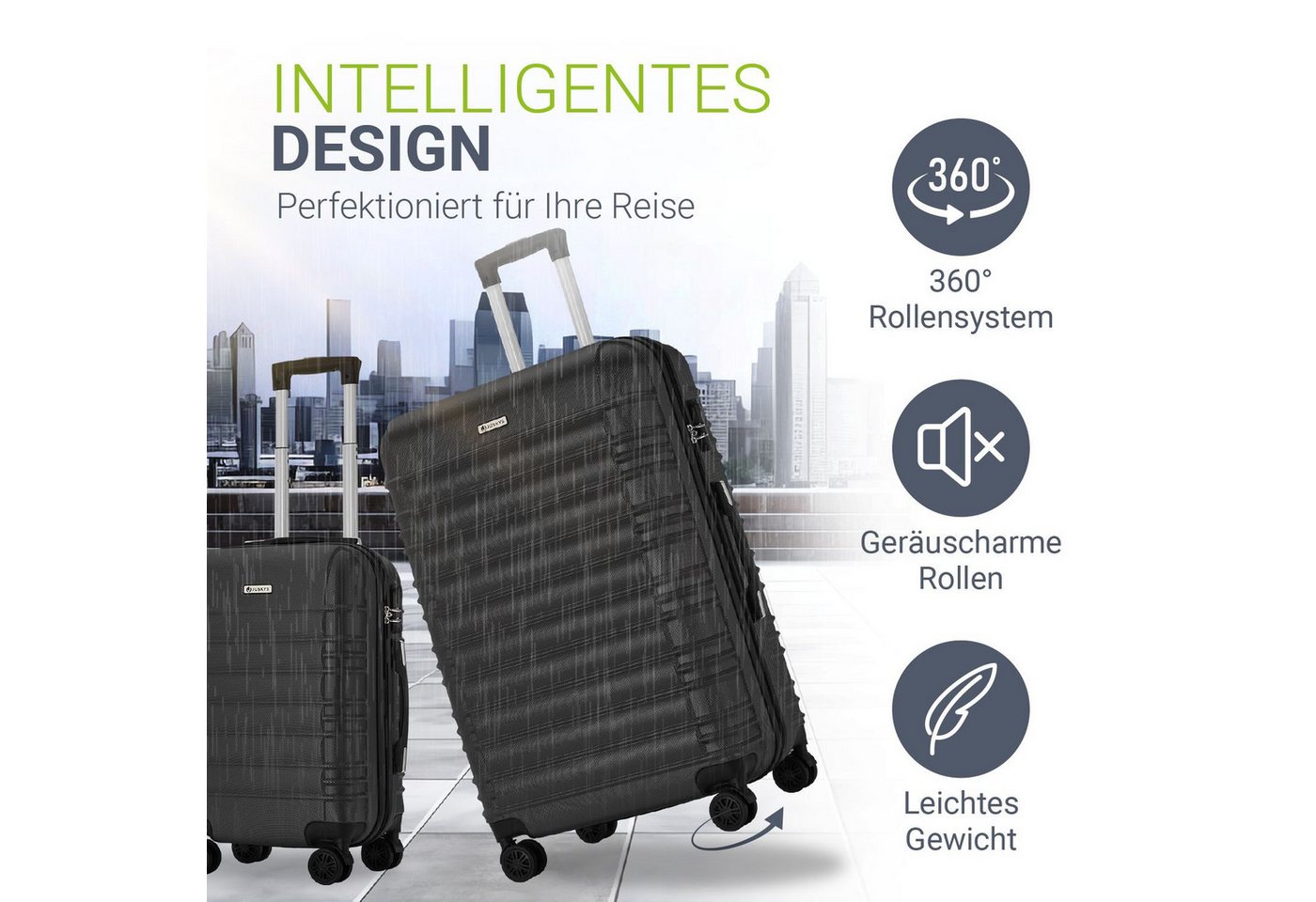Juskys Trolleyset Rom, 4 Rollen, (4 tlg., 4-teilig), 4 Koffer, 360° Rollen, robuste Hartschale, mit Zahlenschloss – Bild 5 von 5
