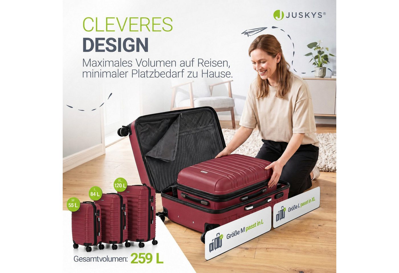 Juskys Trolleyset Rom, 4 Rollen, (3 tlg., 3-teilig), Aluminium, Rollen, Innenfutter, Ergonomische Griffe, 3er Set – Bild 2 von 5