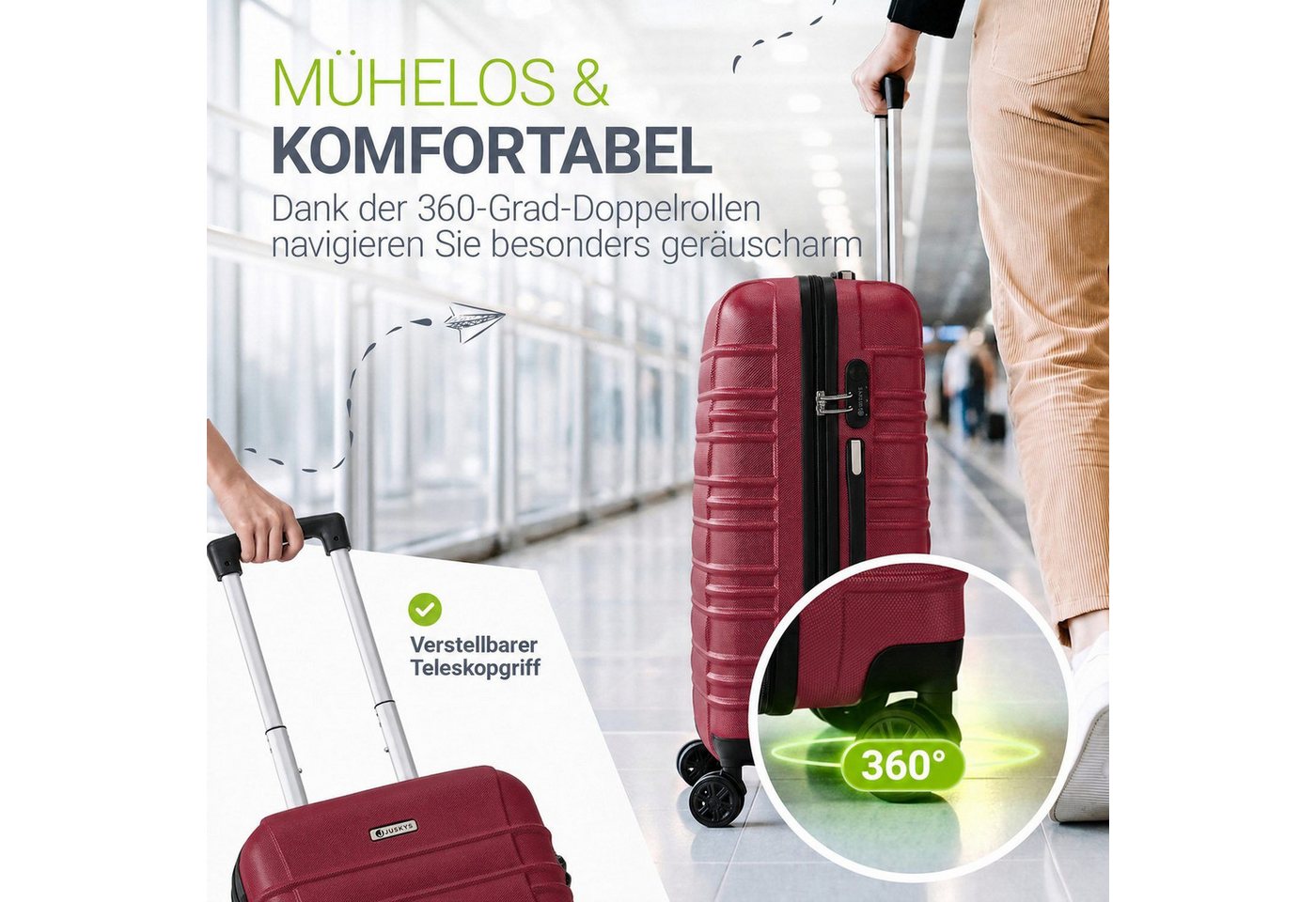 Juskys Trolleyset Rom, 4 Rollen, (3 tlg., 3-teilig), Aluminium, Rollen, Innenfutter, Ergonomische Griffe, 3er Set – Bild 4 von 5