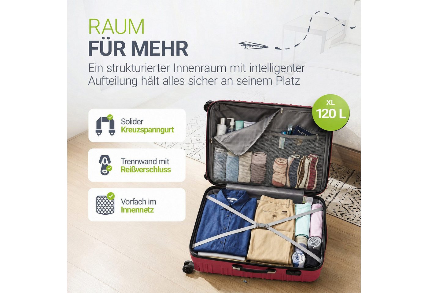 Juskys Trolleyset Rom, 4 Rollen, (3 tlg., 3-teilig), Aluminium, Rollen, Innenfutter, Ergonomische Griffe, 3er Set – Bild 5 von 5