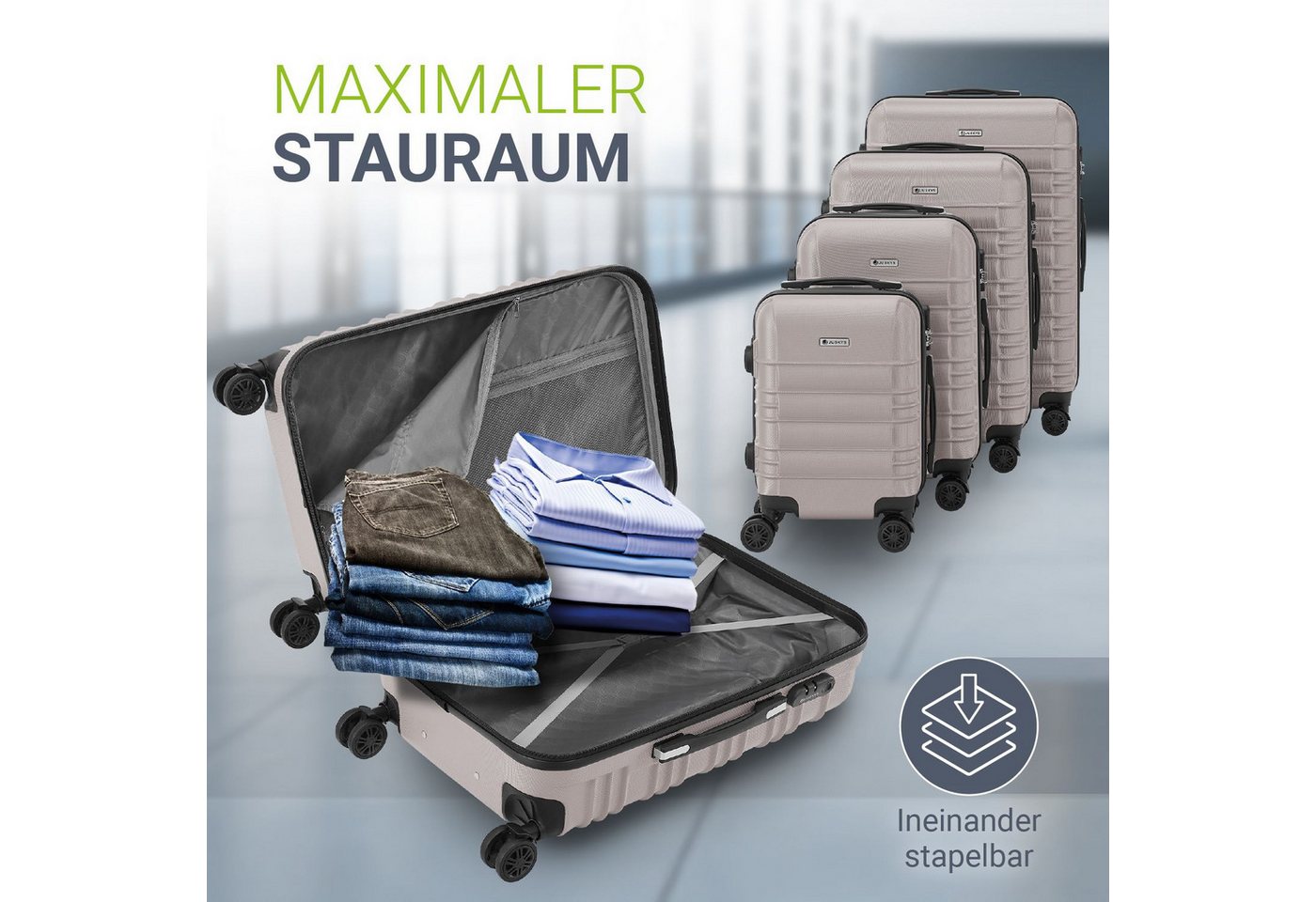 Juskys Trolleyset Rom, 4 Rollen, (4 tlg., 4-teilig), 4 Koffer, 360° Rollen, robuste Hartschale, mit Zahlenschloss – Bild 2 von 5