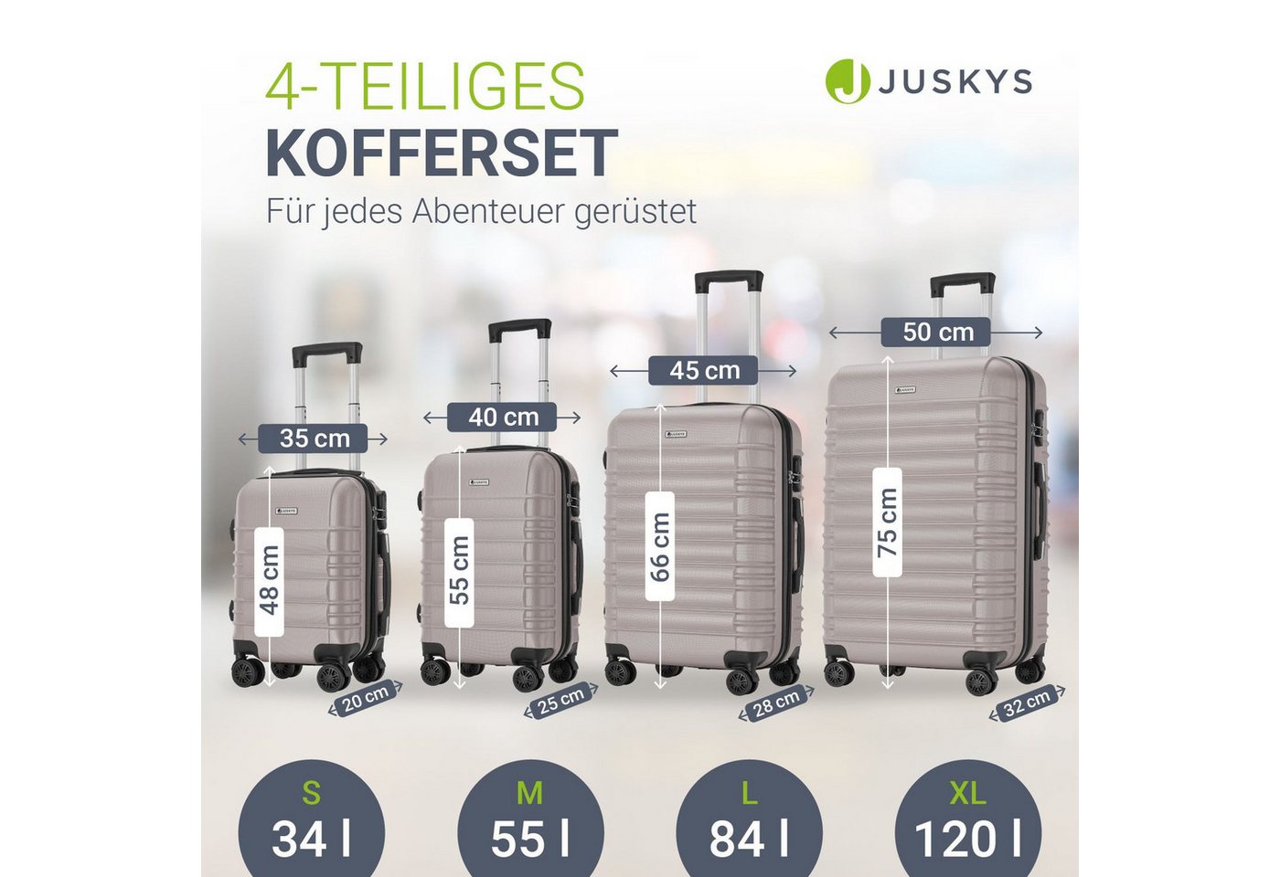 Juskys Trolleyset Rom, 4 Rollen, (4 tlg., 4-teilig), 4 Koffer, 360° Rollen, robuste Hartschale, mit Zahlenschloss – Bild 4 von 5