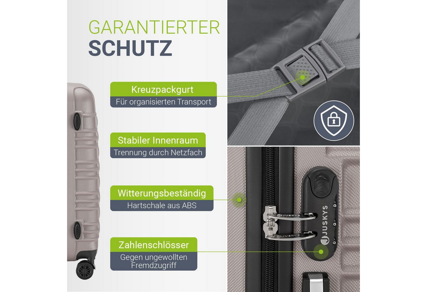 Juskys Trolleyset Rom, 4 Rollen, (4 tlg., 4-teilig), 4 Koffer, 360° Rollen, robuste Hartschale, mit Zahlenschloss – Bild 5 von 5