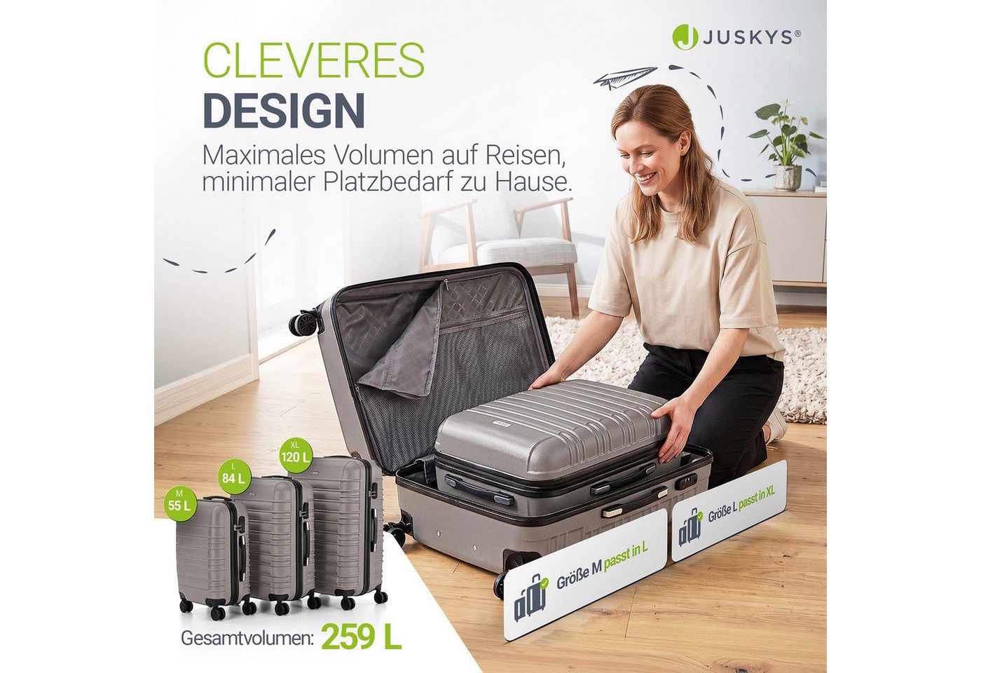 Juskys Trolleyset Rom, 4 Rollen, (3 tlg., 3-teilig), Aluminium, Rollen, Innenfutter, Ergonomische Griffe, 3er Set – Bild 2 von 5