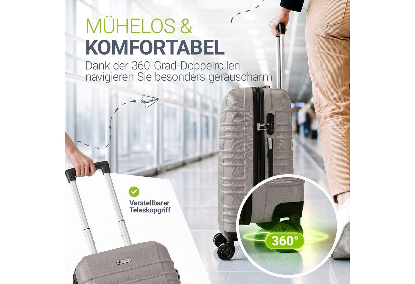 Juskys Trolleyset Rom, 4 Rollen, (3 tlg., 3-teilig), Aluminium, Rollen, Innenfutter, Ergonomische Griffe, 3er Set – Bild 4 von 5