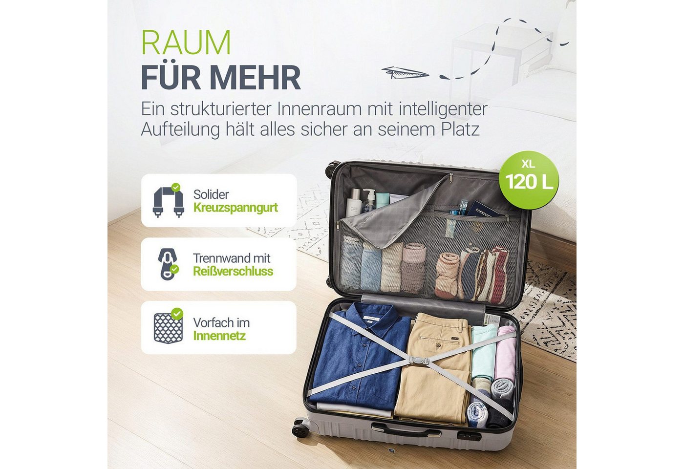 Juskys Trolleyset Rom, 4 Rollen, (3 tlg., 3-teilig), Aluminium, Rollen, Innenfutter, Ergonomische Griffe, 3er Set – Bild 5 von 5