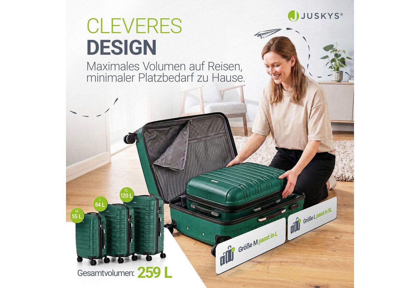 Juskys Trolleyset Rom, 4 Rollen, (3 tlg., 3-teilig), Aluminium, Rollen, Innenfutter, Ergonomische Griffe, 3er Set – Bild 2 von 5