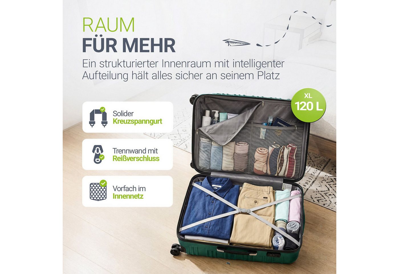Juskys Trolleyset Rom, 4 Rollen, (3 tlg., 3-teilig), Aluminium, Rollen, Innenfutter, Ergonomische Griffe, 3er Set – Bild 5 von 5