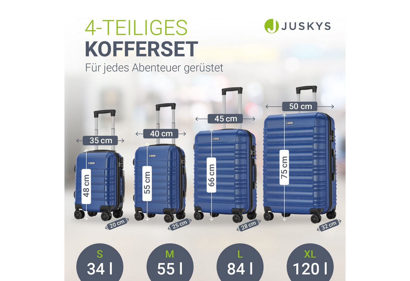Juskys Trolleyset Rom, 4 Rollen, (4 tlg., 4-teilig), 4 Koffer, 360° Rollen, robuste Hartschale, mit Zahlenschloss – Bild 3 von 5