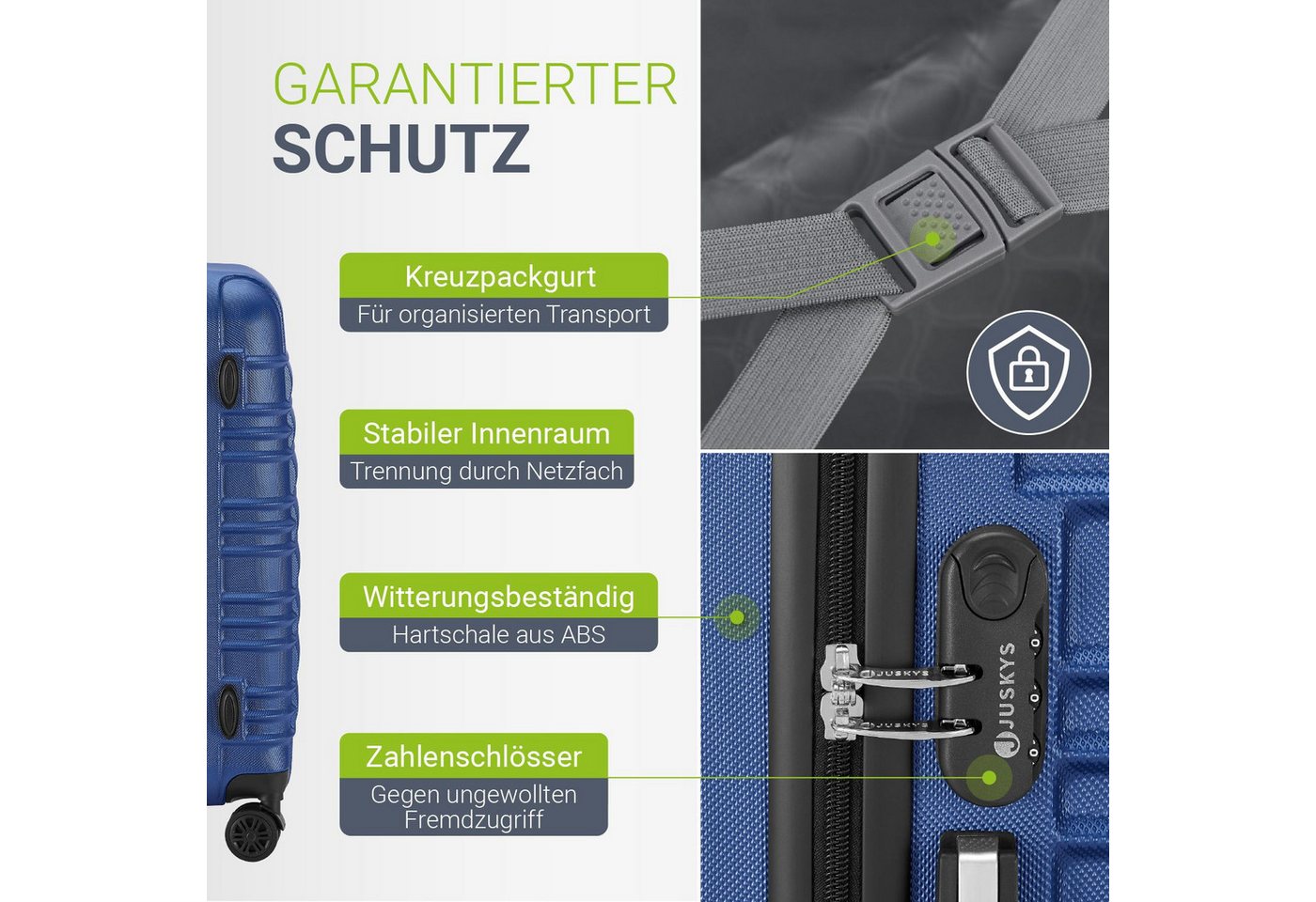 Juskys Trolleyset Rom, 4 Rollen, (4 tlg., 4-teilig), 4 Koffer, 360° Rollen, robuste Hartschale, mit Zahlenschloss – Bild 4 von 5